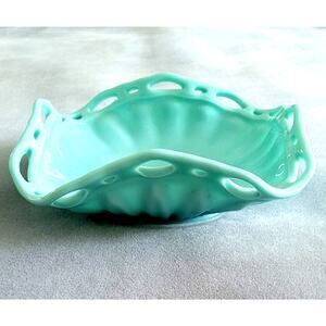 FOSTERIA Colonial Prism pattern Aqua Milk Glass Console Bowl -- 9" Vintage!